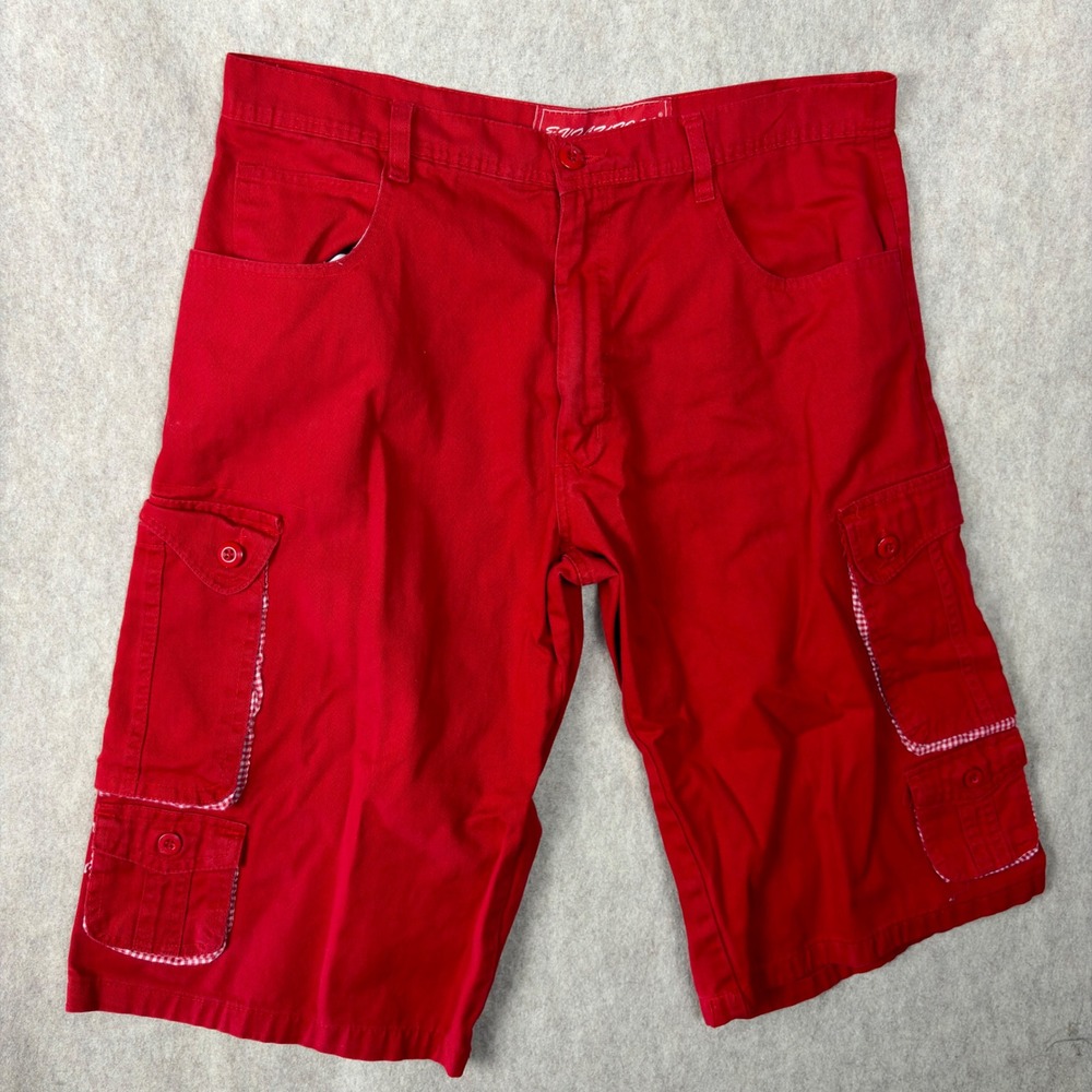 Evolution Mens Baggy Red Cargo Shorts Gingham Trim Size 36 Utility Streetwear